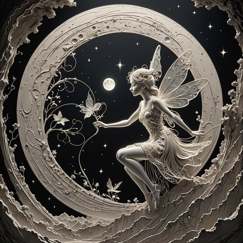 Fairy on the Moon: Intricate Line Drawing