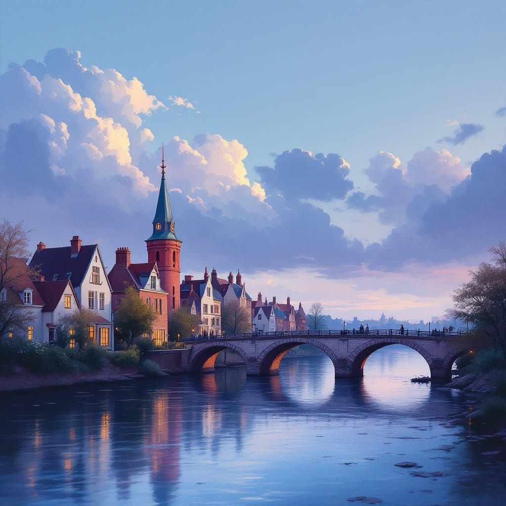 Riverside Scene with Bridge and Red Tower in Pastel Hues