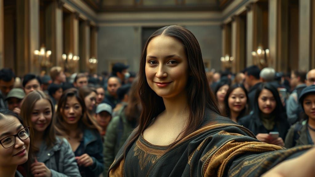 Mona Lisa Selfie at the Louvre: Hyperrealistic Digital Art