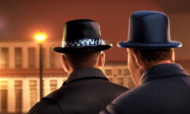 Film Noir Detectives Outside Police Station in 8k