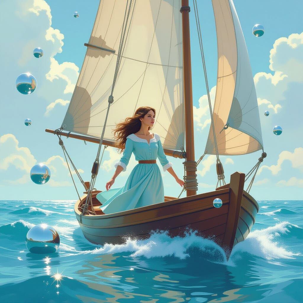 Woman Sails Fabric Sea: Dreamlike Oil Painting