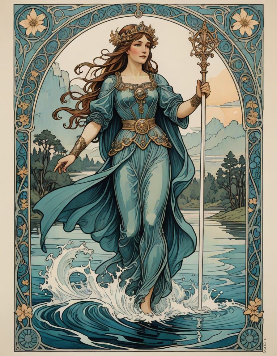 Art Nouveau ink drawing, style of Mucha,  the Lady of the La...