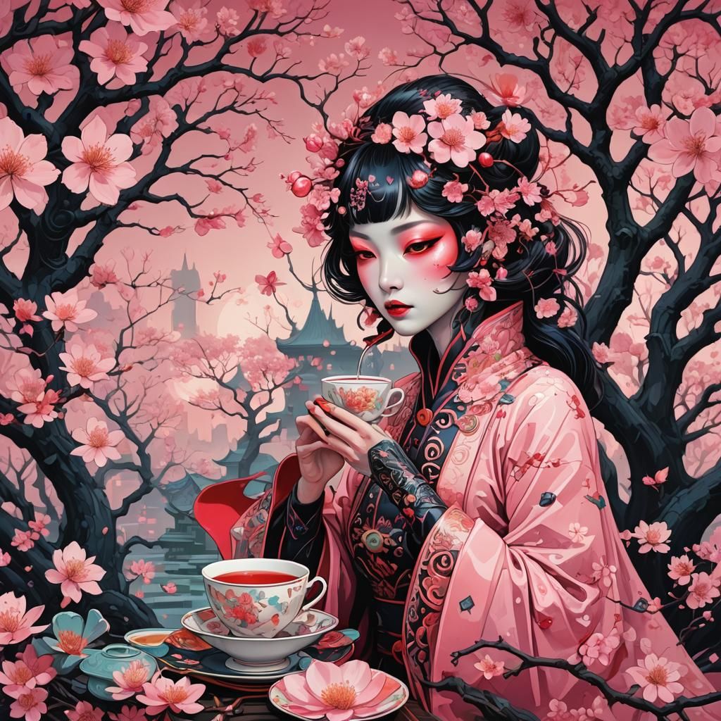 Pink Dracula Sipping Tea Amid Cherry Blossoms