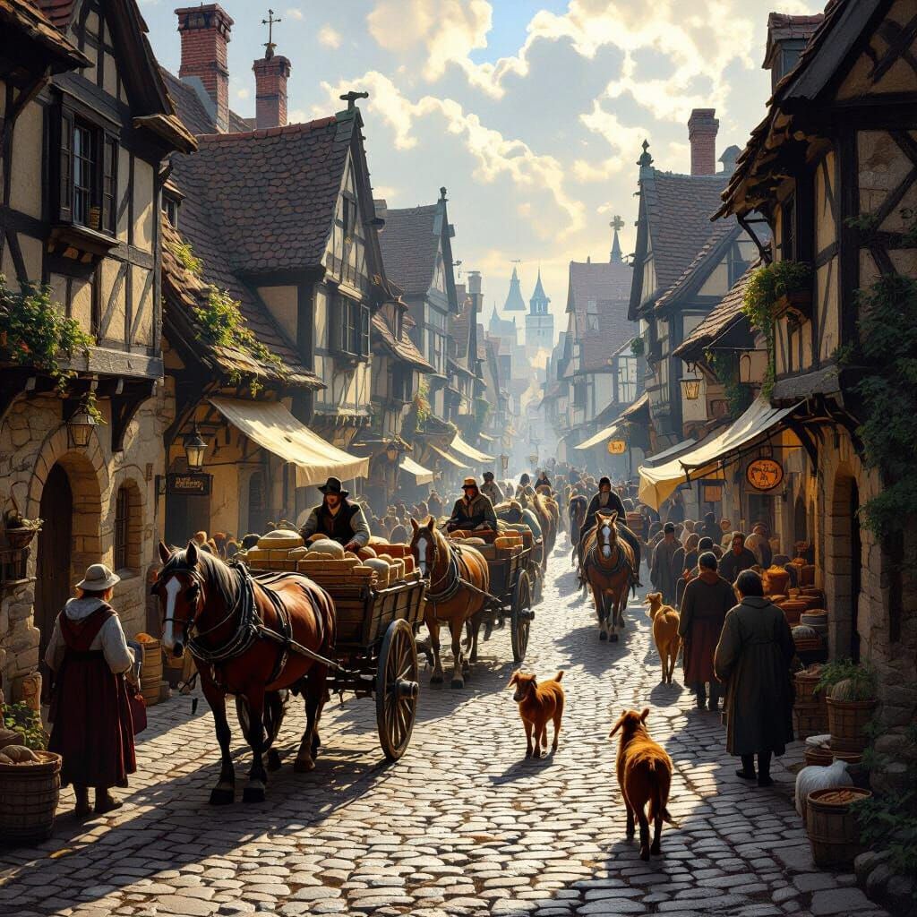 Bustling Medieval Village with Horse Carts and Animals