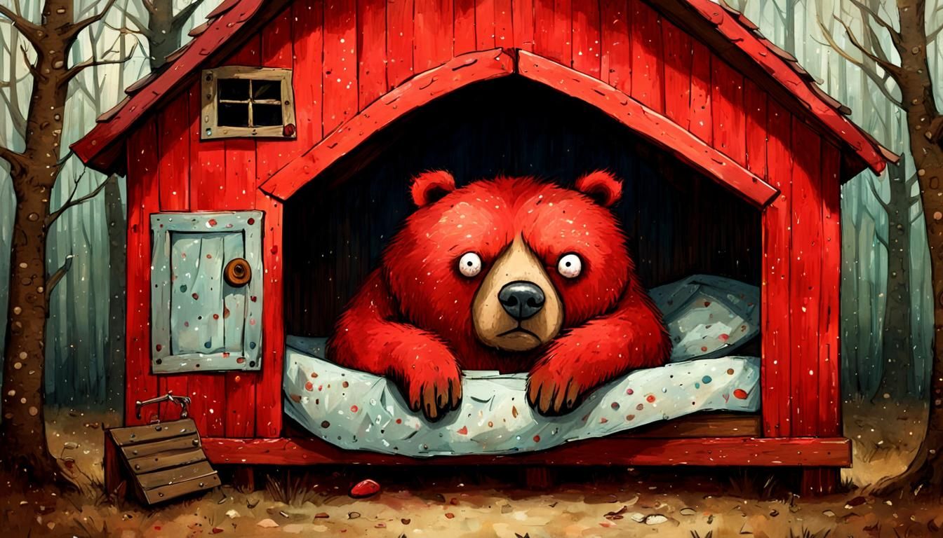 Whimsical Red Bear Awakens in a Cozy Doghouse