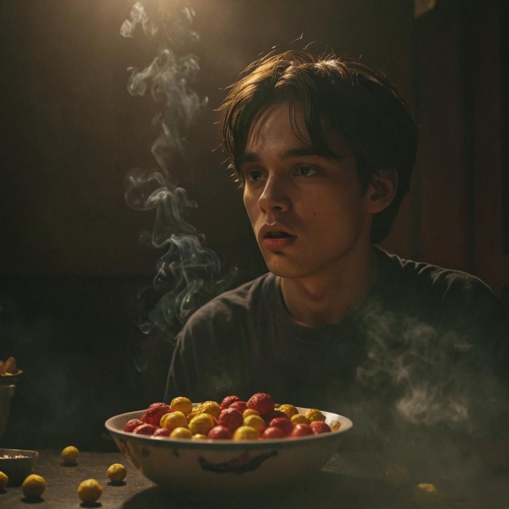 Kai Cenat Eating Sour Balls: Cinematic Film Still