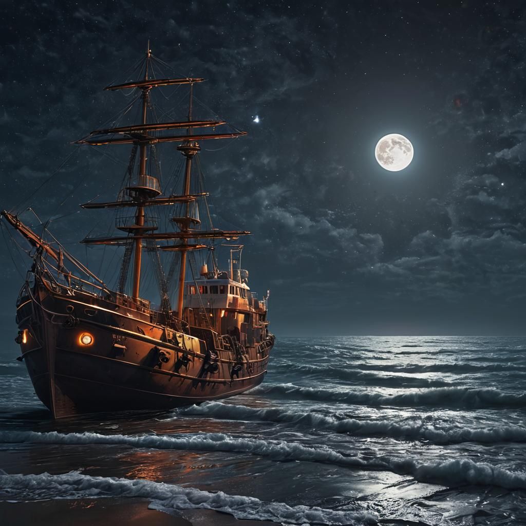 Surreal Night Ocean Galeon in Van Gogh Style