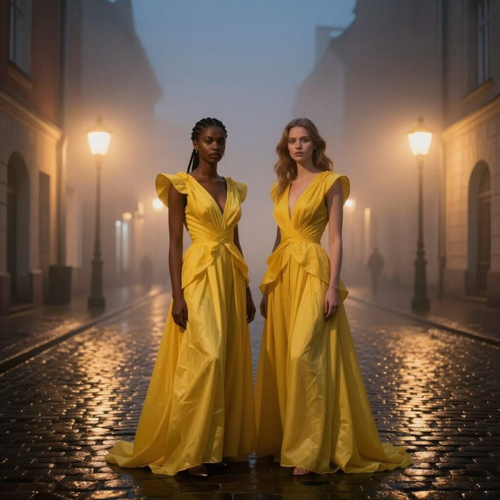 Ghostly Women in Avant-Garde Yellow Fashion in Riga's Old To...