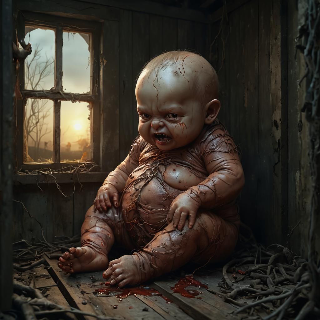Grotesque Child Covered in Blood and Roots in a Dark, Decayi...