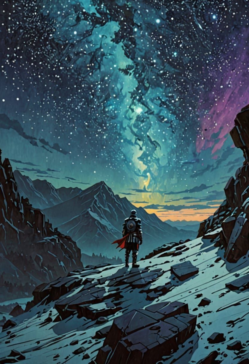 Knight in Celtic Armor Contemplates Starry Night Sky