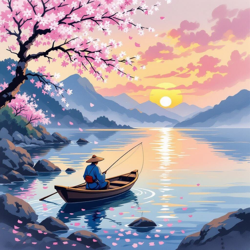 Japanese Coastal Scene with Fisherman, in Traditional Style