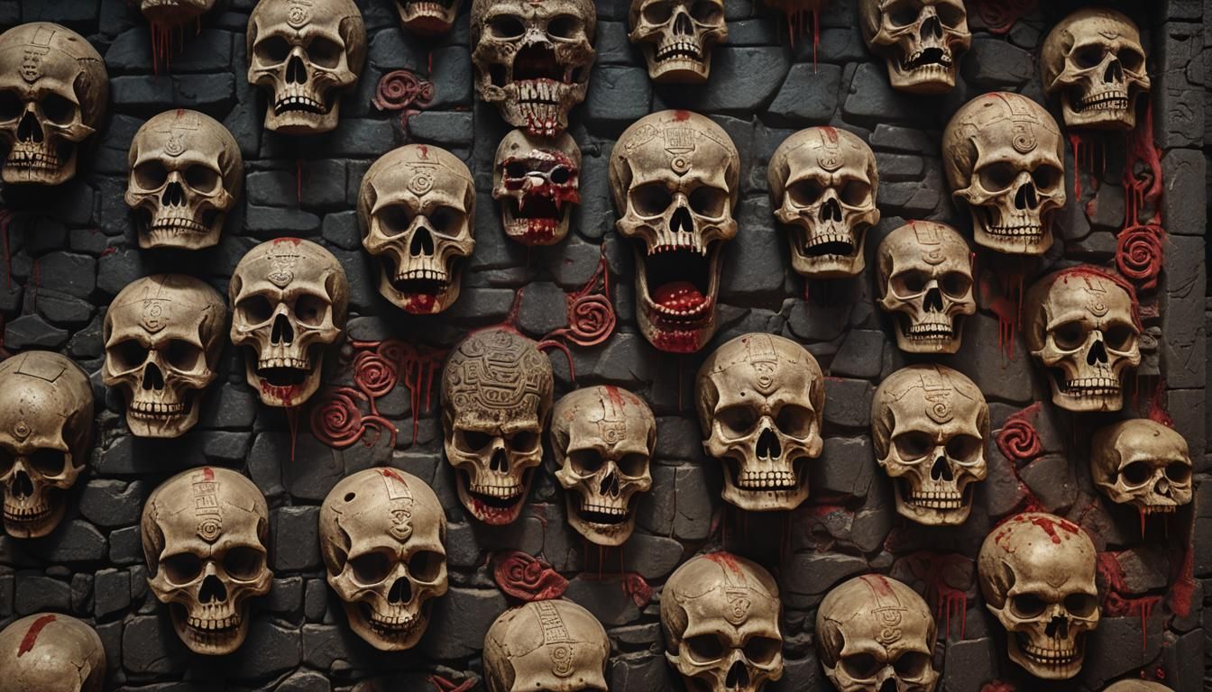 Ancient Aztec Temple with Blood-Drenched Skulls in Dark, Mys...