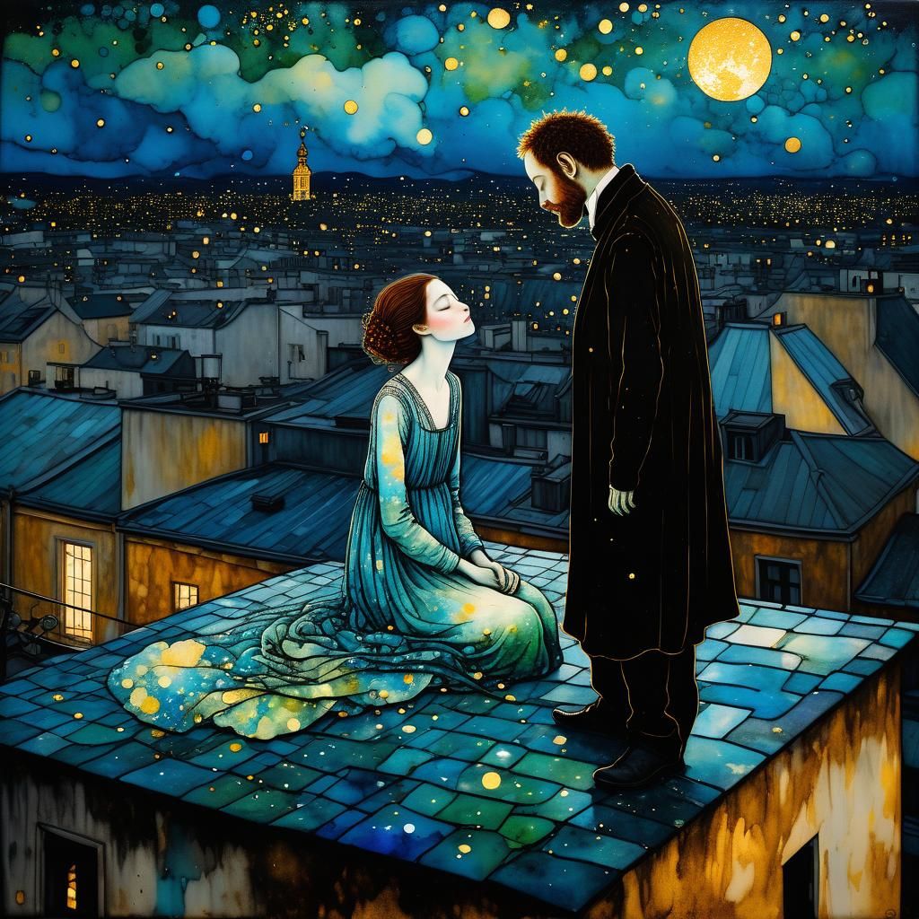 Dreamy Rooftop Encounter in Naturalistic Alcohol Ink Style