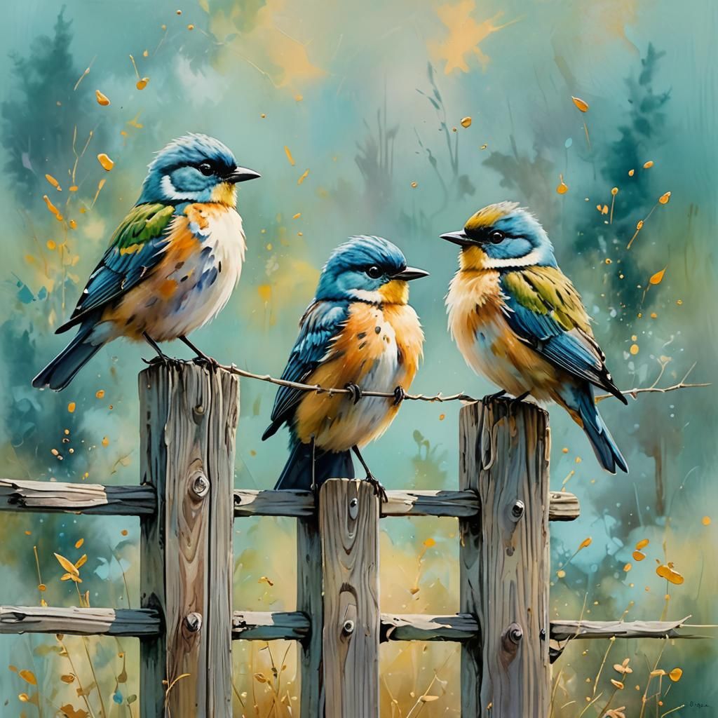 Whimsical Birds on Fence Post in Neo-Impressionist Style