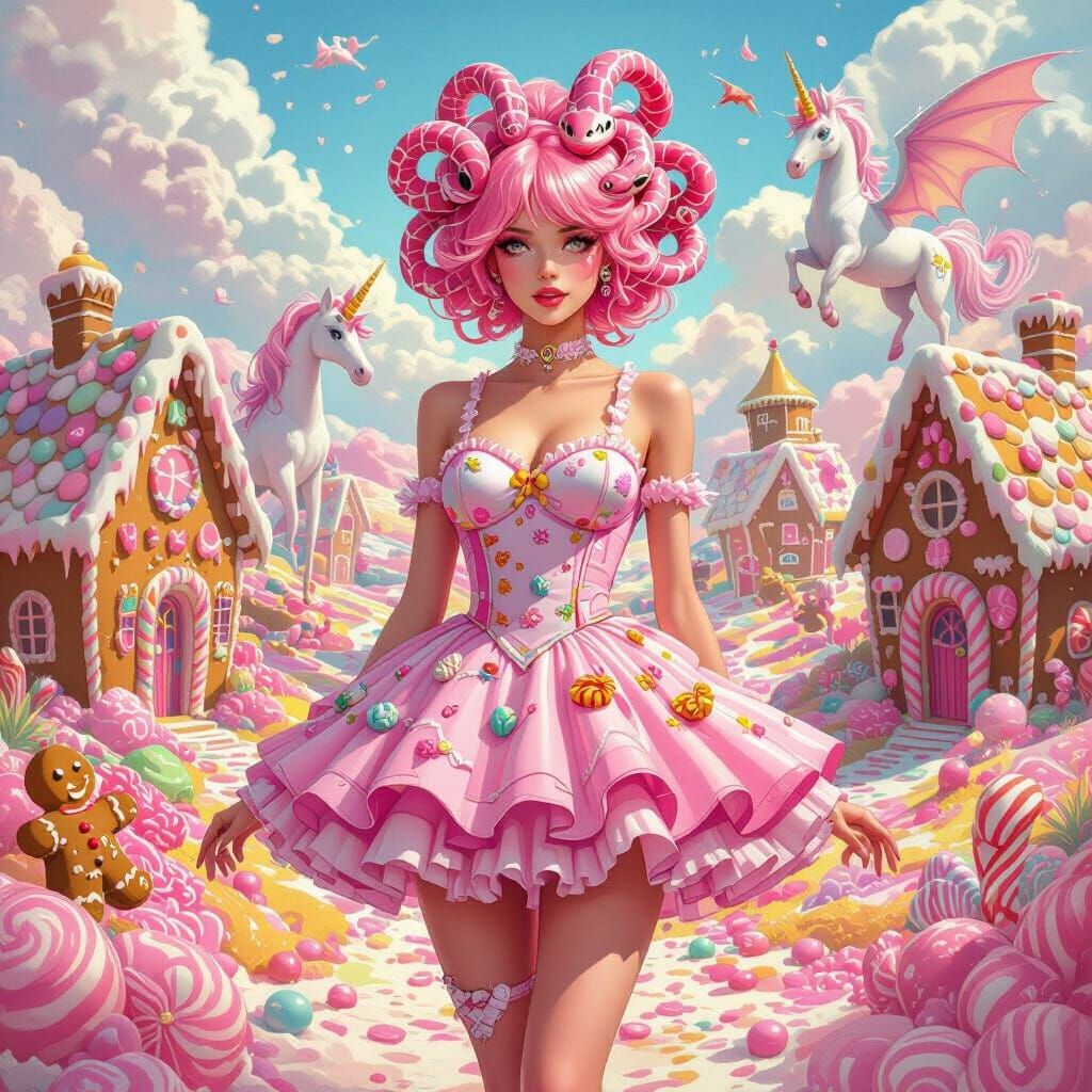Bubblegum Medusa in Candy Land, Whimsical Art