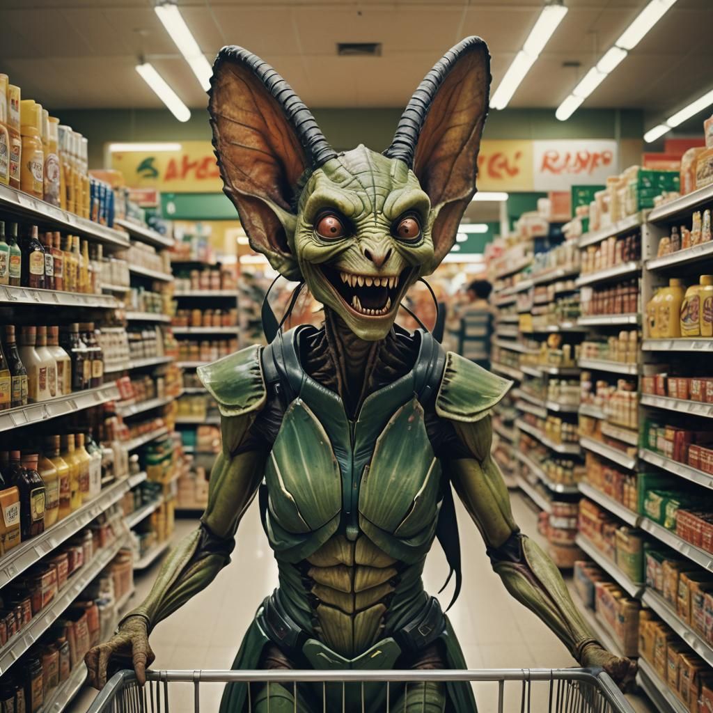 Dancing Insectoid Woman in Supermarket, Photorealistic