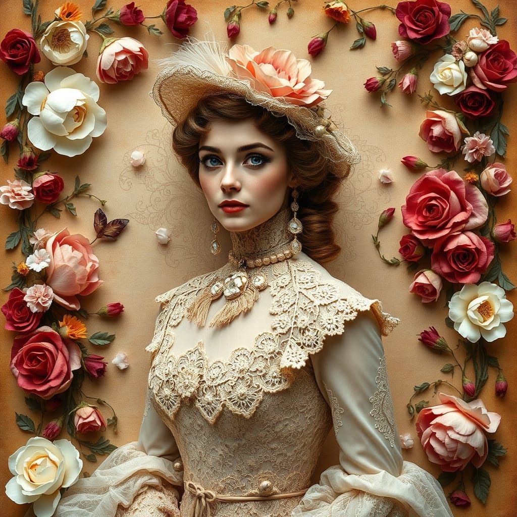 Elegant Edwardian Lady Among Floral Arrangements