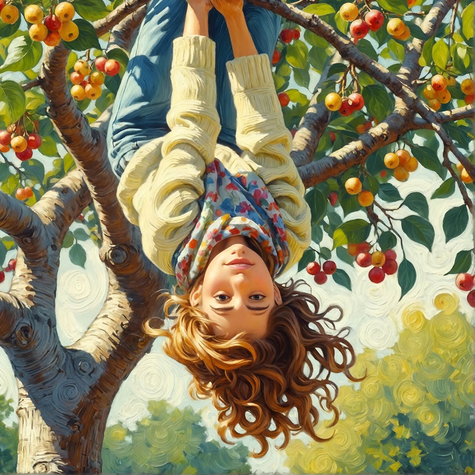 Cartoon Woman Hanging Upside Down: Oil Painting Aesthetic