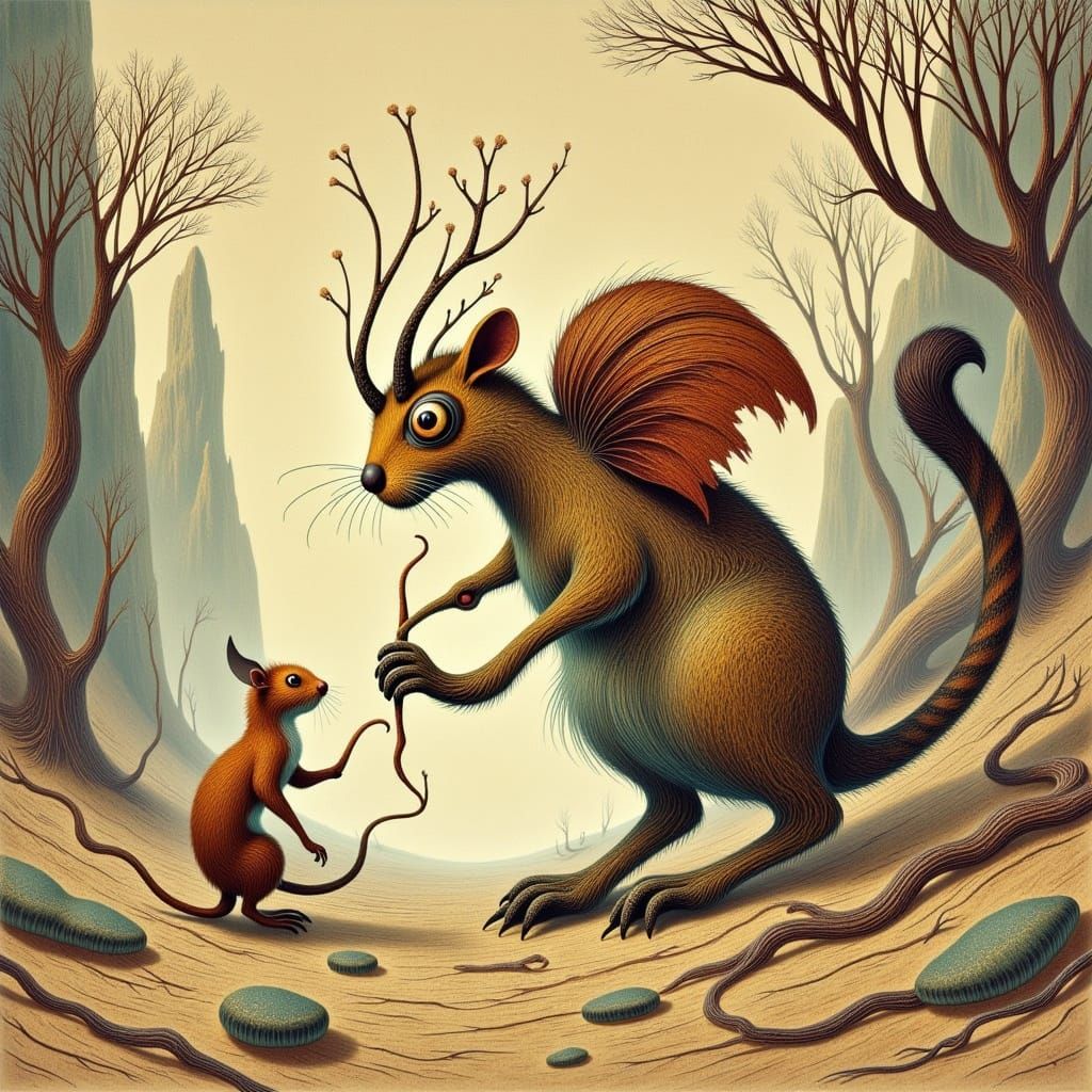 Whimsical Hybrid Creatures in Afghan Mythology Style of Arth...