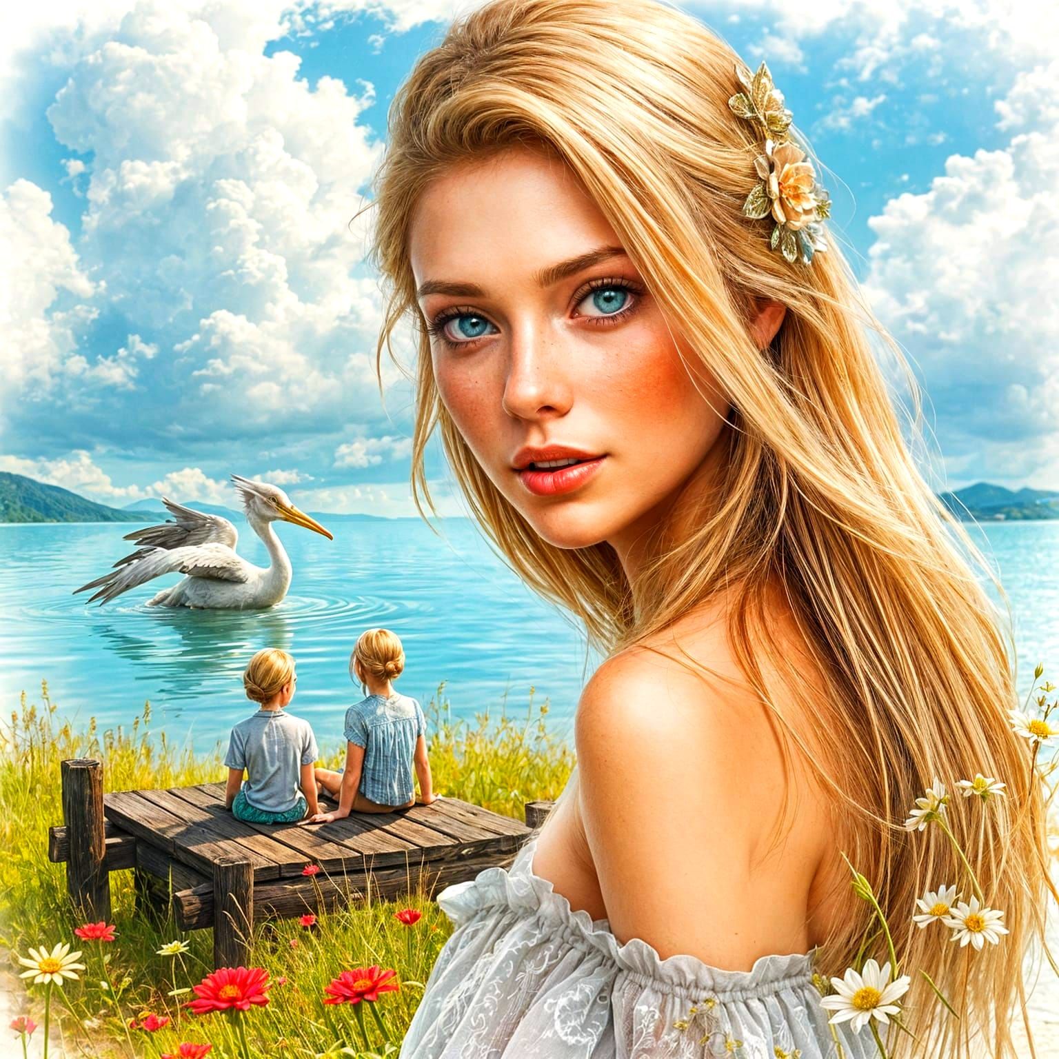 Beautiful Woman in Meadow as Pencil Sketch