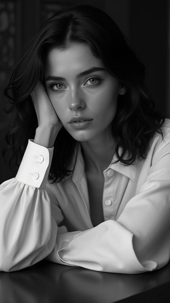 Introspective Woman: Hyperrealistic Black and White Portrait