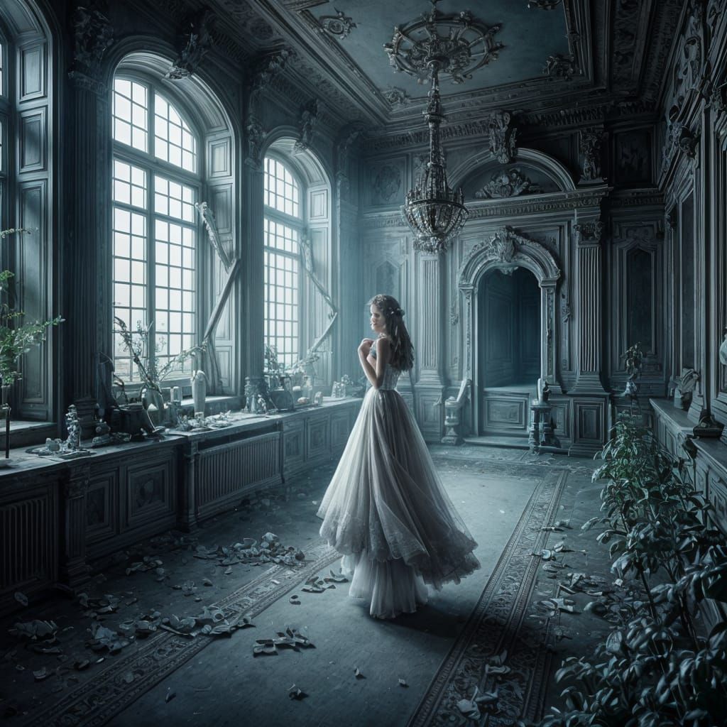 Ghostly Ballerina in Abandoned Castle Ballroom