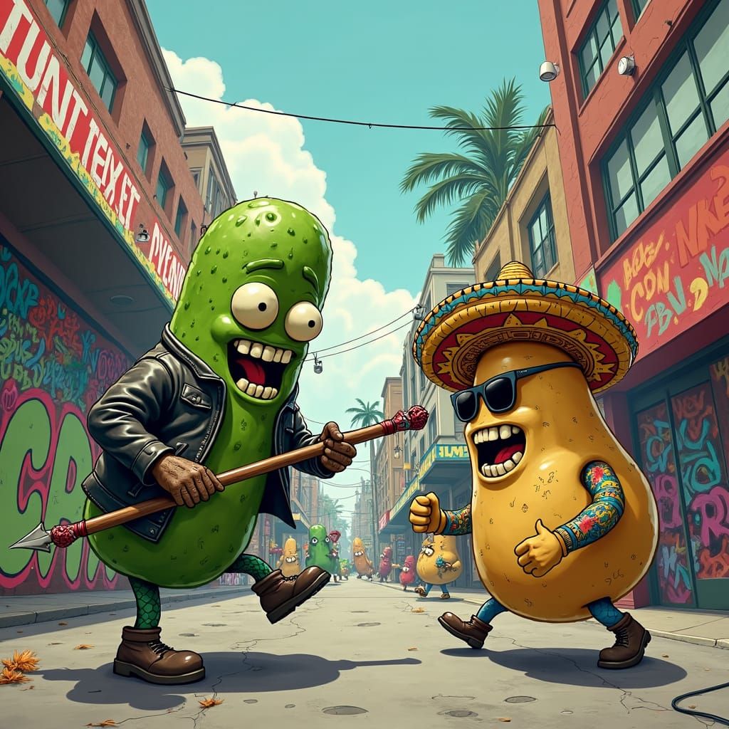 Pickle and Potato Gangs Clash in Surreal Cityscape
