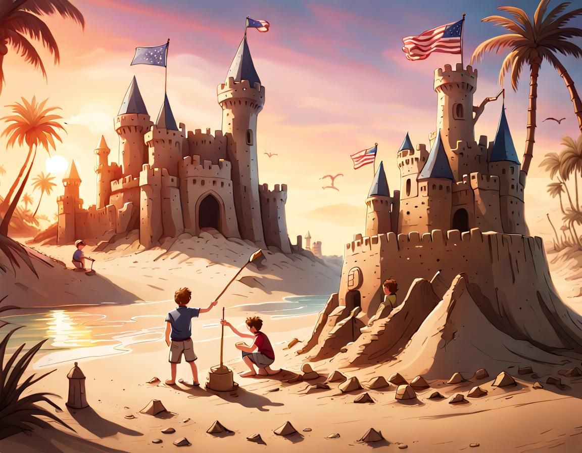 Father and Son Build Sandcastle, Epic 3D Art