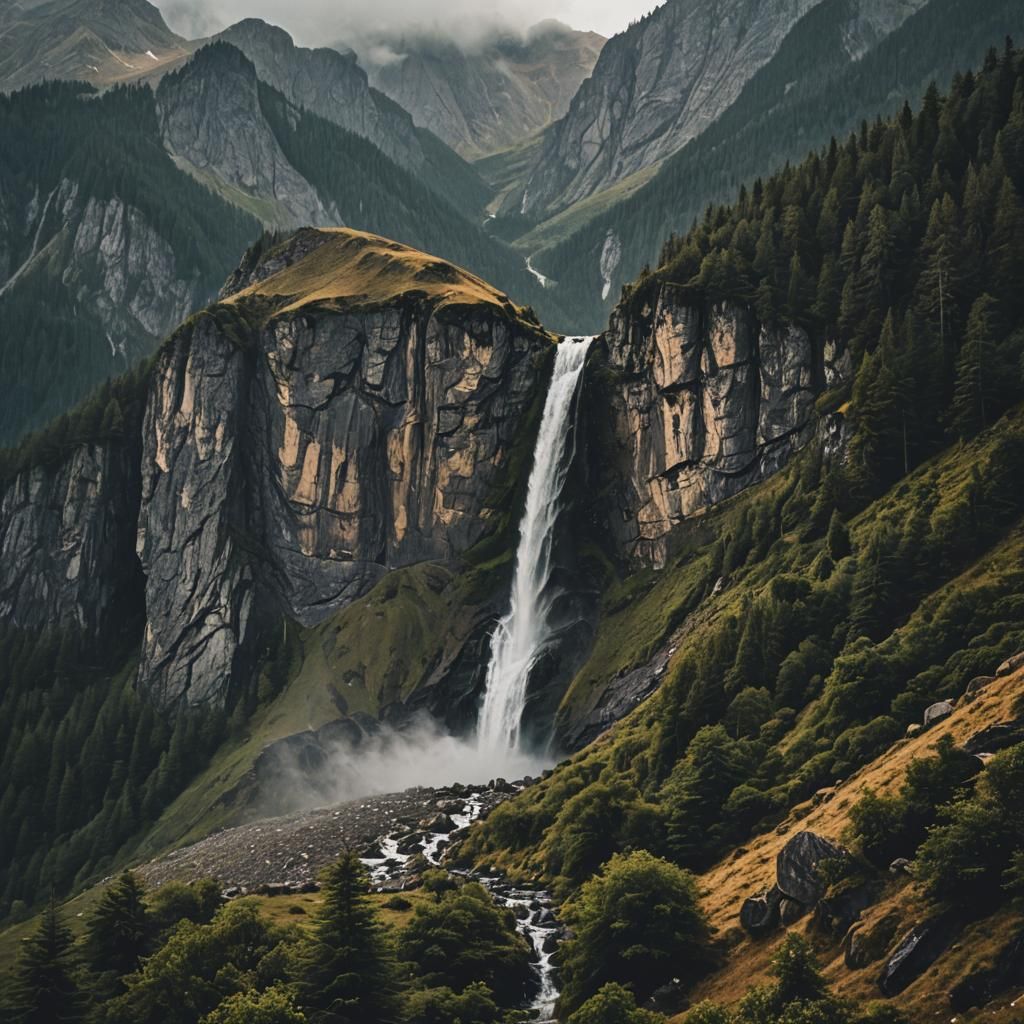 Dramatic Mountain Waterfall in Cinematic Style