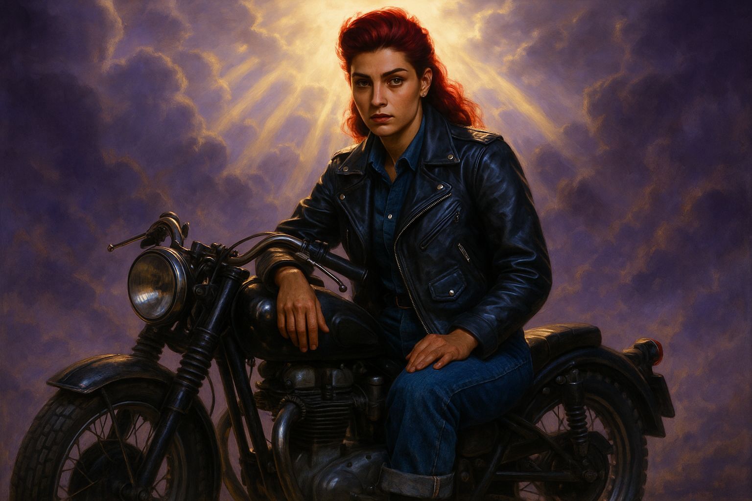 1950s Redhead Greaser Girl on Motorcycle