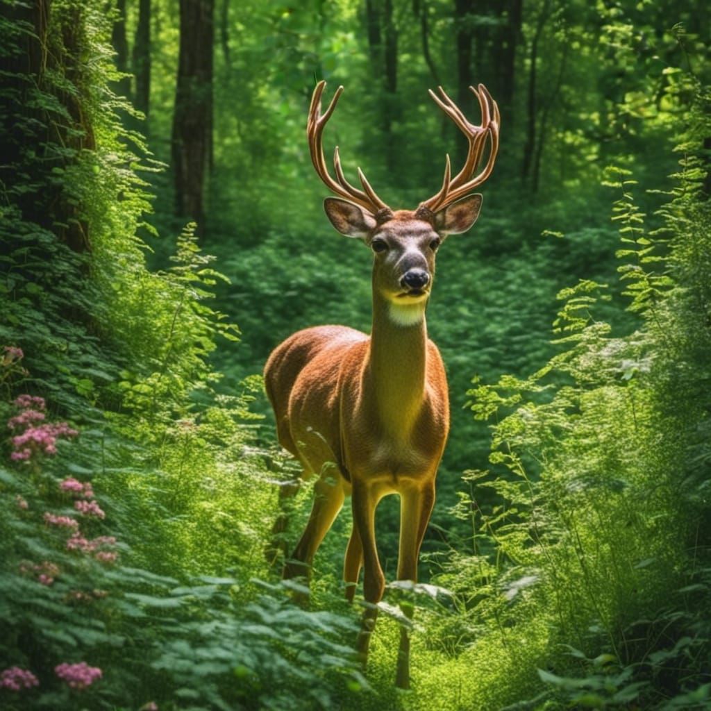 Deer in Sunlit Forest Glade