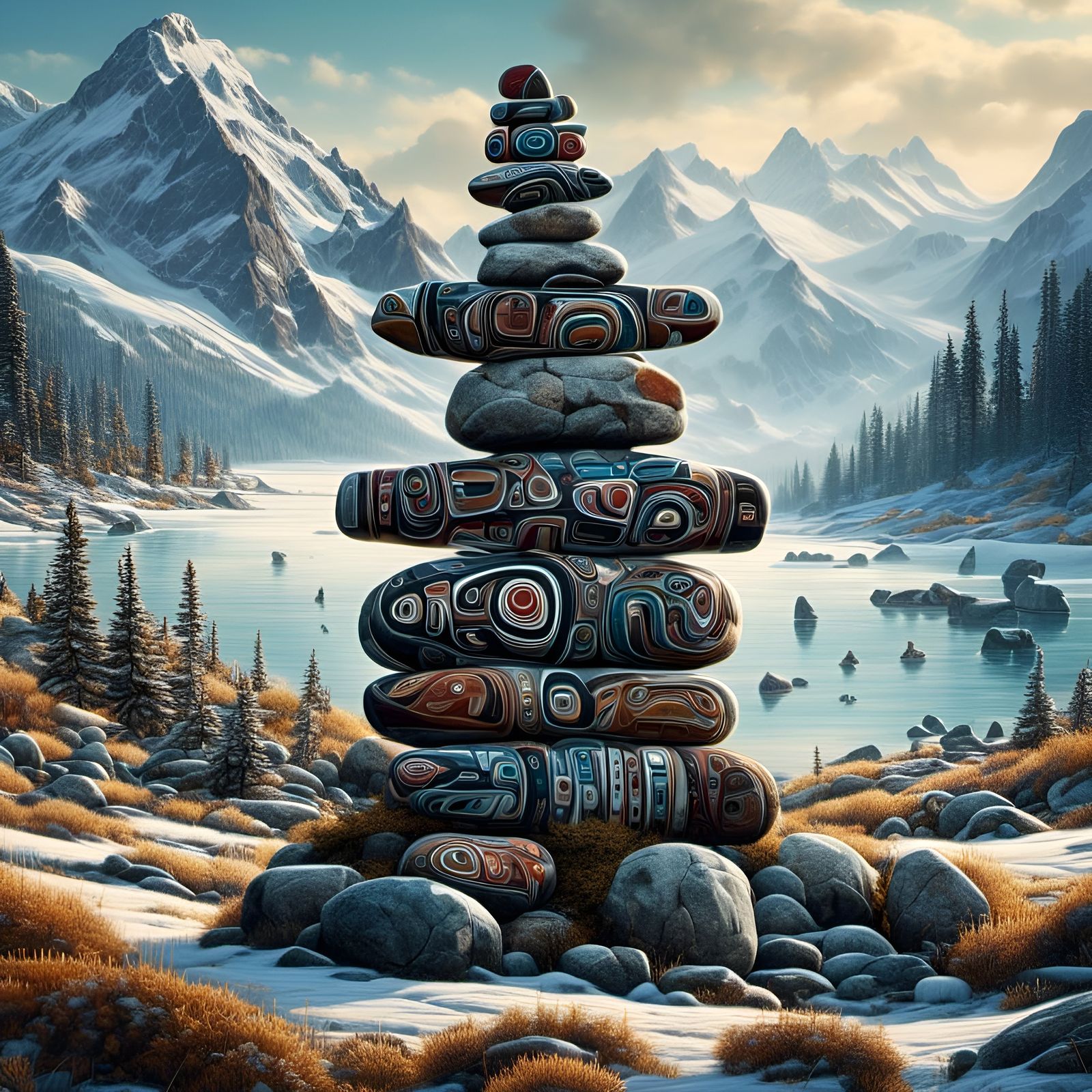 Detailed Stone Inukshuk on Icy Tundra