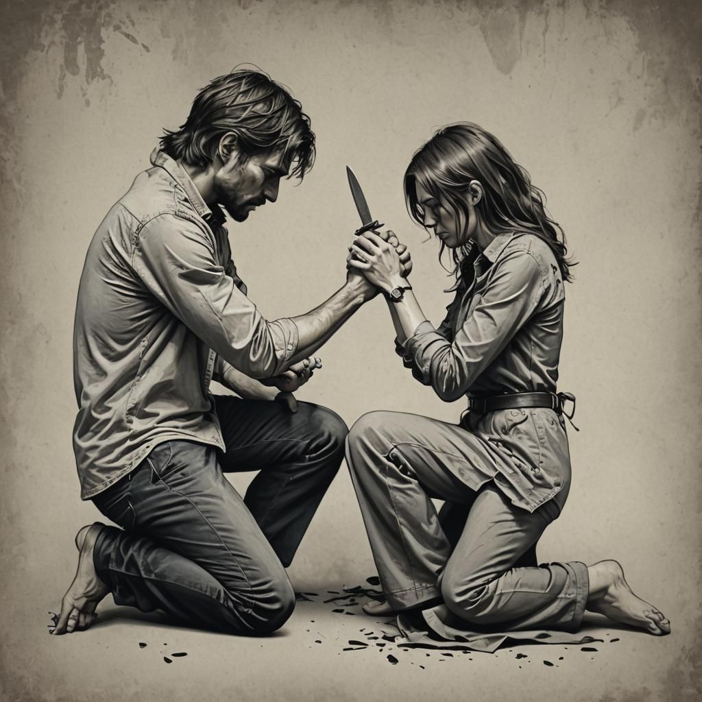 Emotional Couple Embracing with Knives