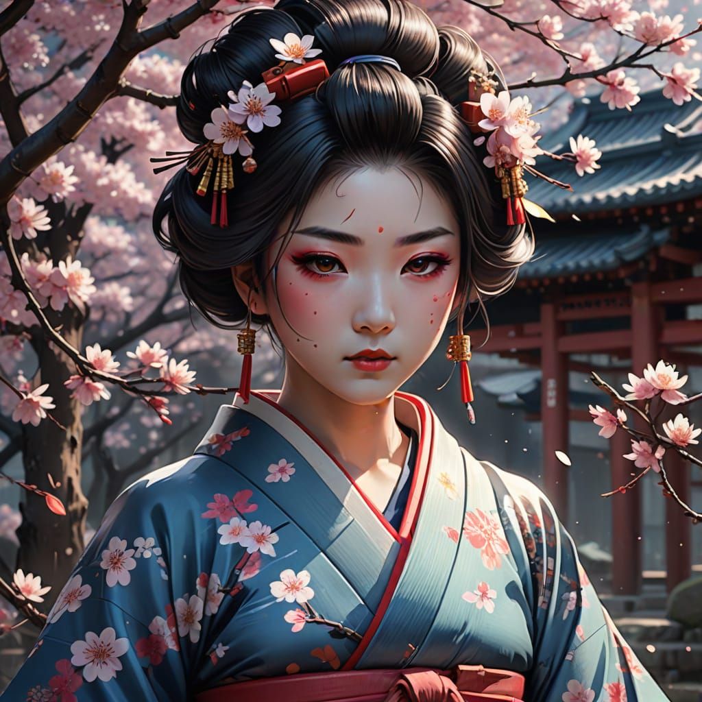 Geisha Composing Haiku in Kyoto Garden, Anime Art