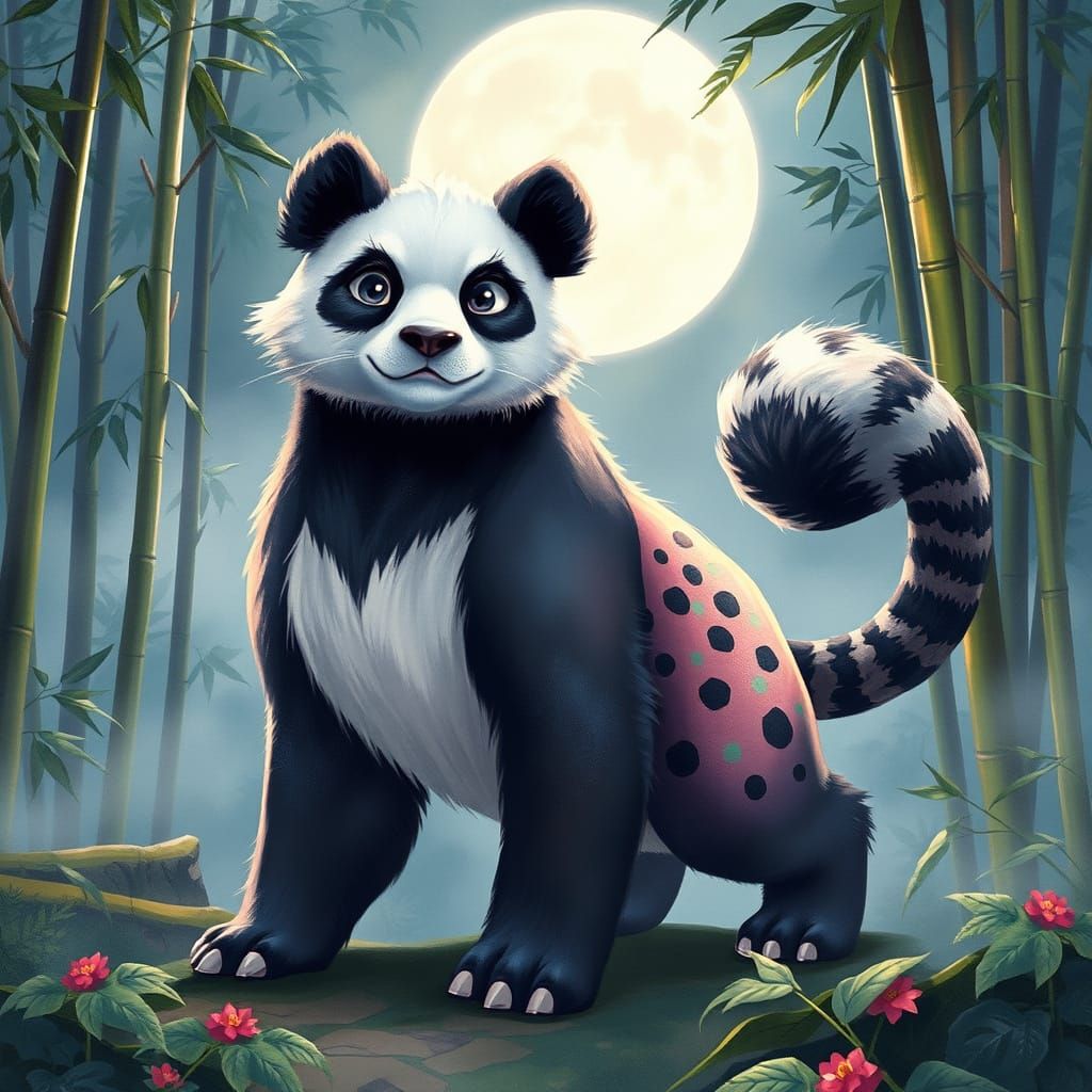 Dreamlike Panda-Cheetah Hybrid in Enchanted Forest