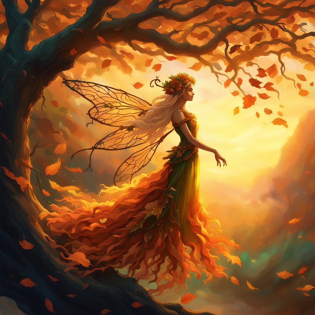 Autumn Fairy Rides Leaf Train in Sunset Landscape