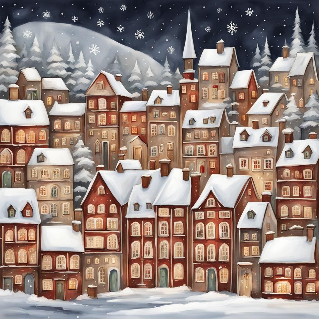 Hand-Painted Snowy Town Advent Calendar Design
