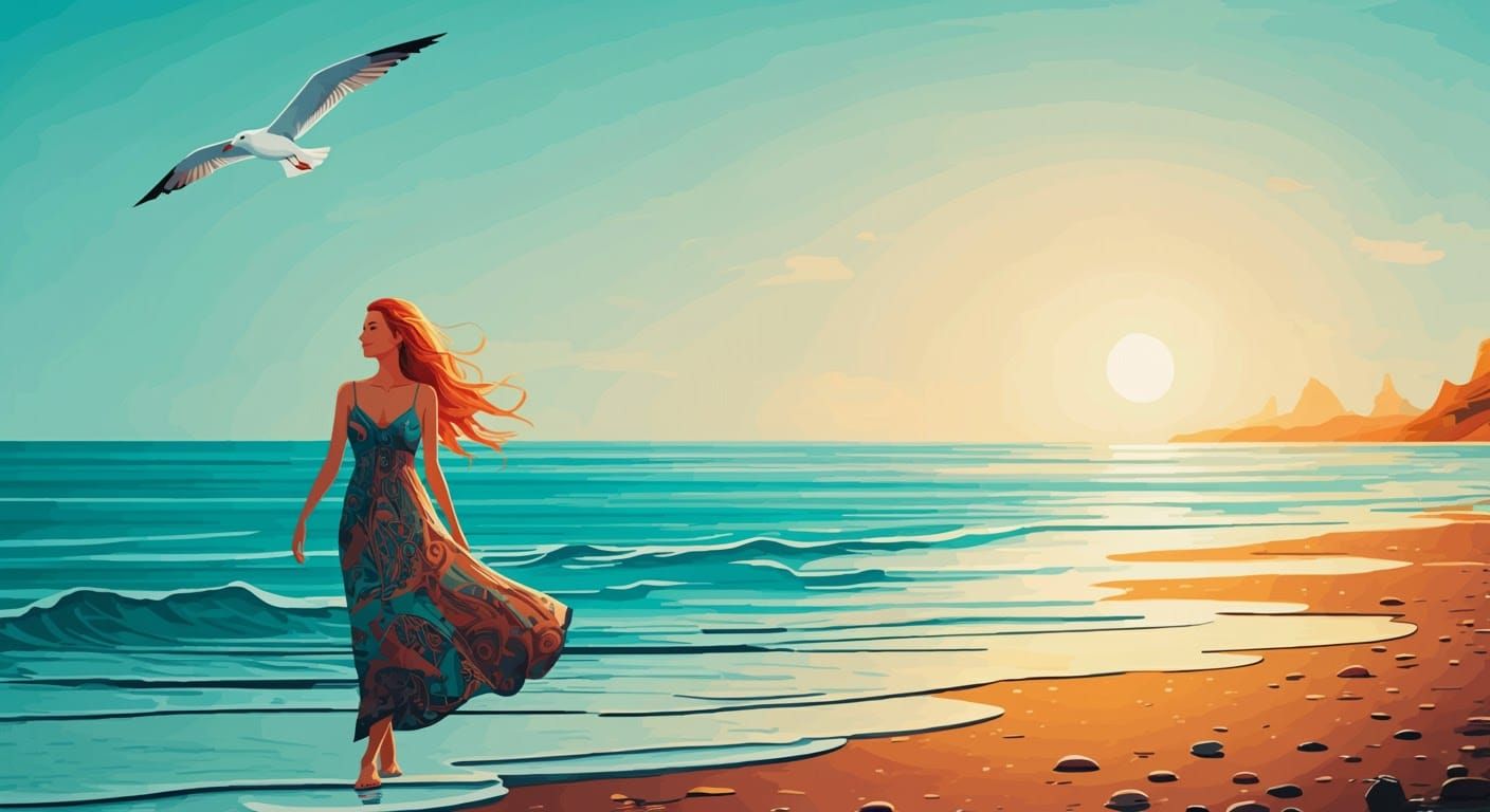 Woman on Beach at Sunset in Abstract Fractal Art