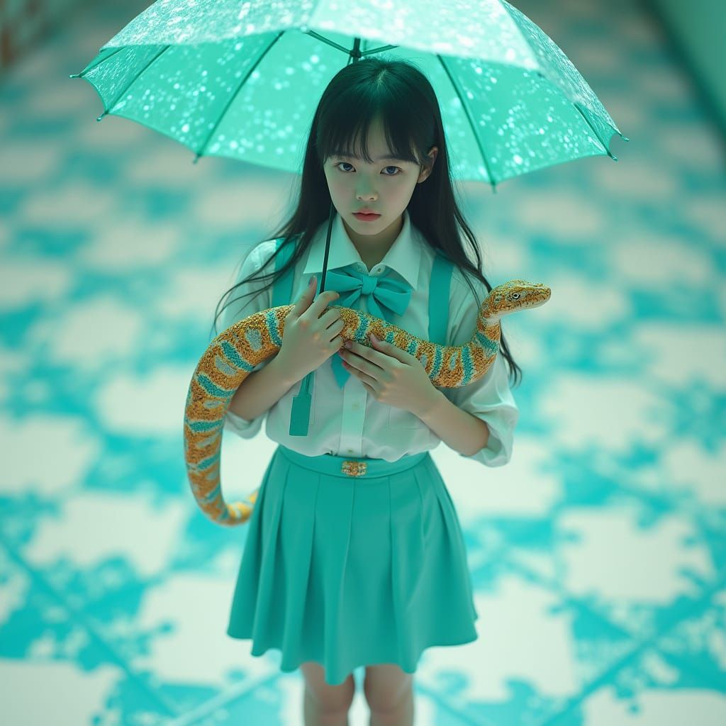 Schoolgirl Levitating with Snake in Dreamcore Style