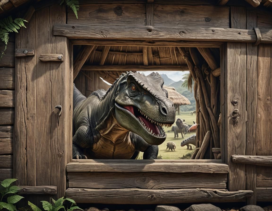 Dinosaur Peering into Prehistoric Hut Window