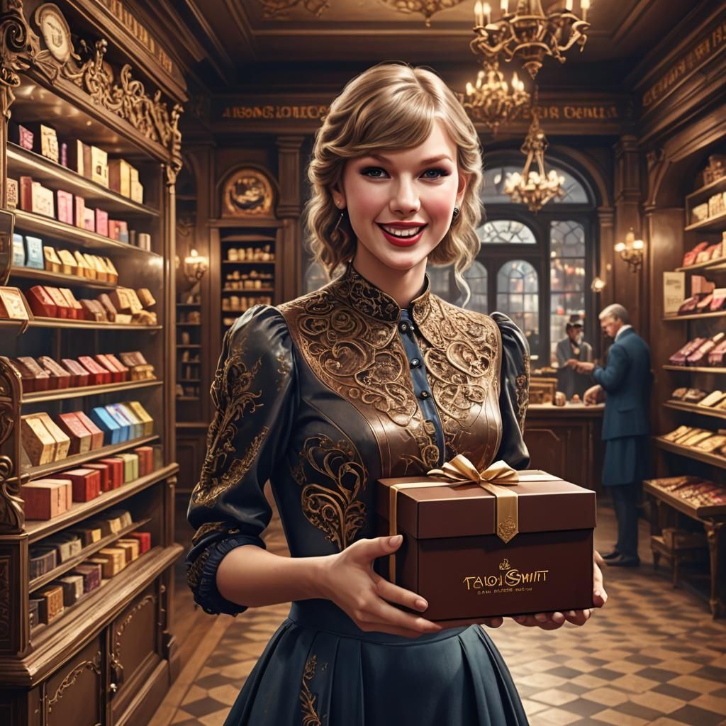 Smiling Woman in Victorian Chocolate Store, Digital Art