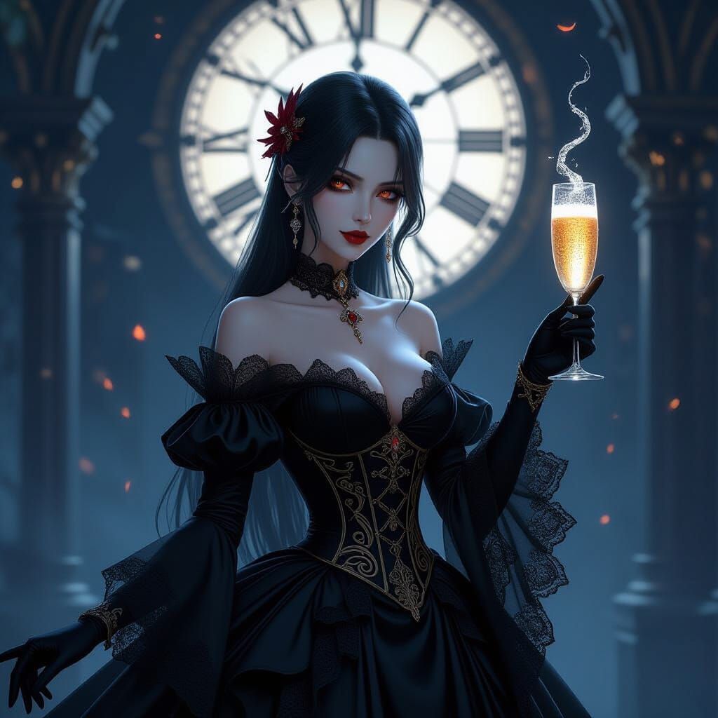 Gothic Vampire Woman with Glowing Champagne at Midnight
