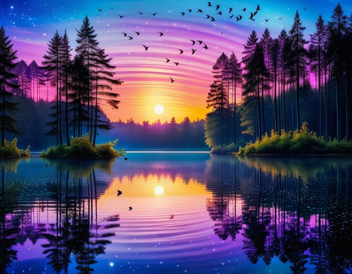 Hazy bordered illusion of a serene forest lake at sunset with birds. Low light, stars, water ripples, masterpiece award-...