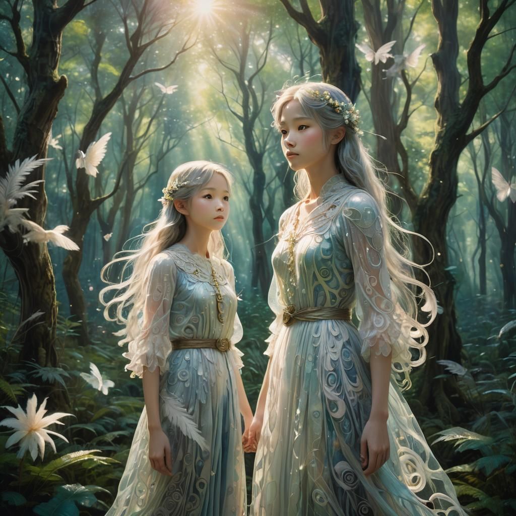Ethereal Sun and Moon Beings in Dreamlike Forest