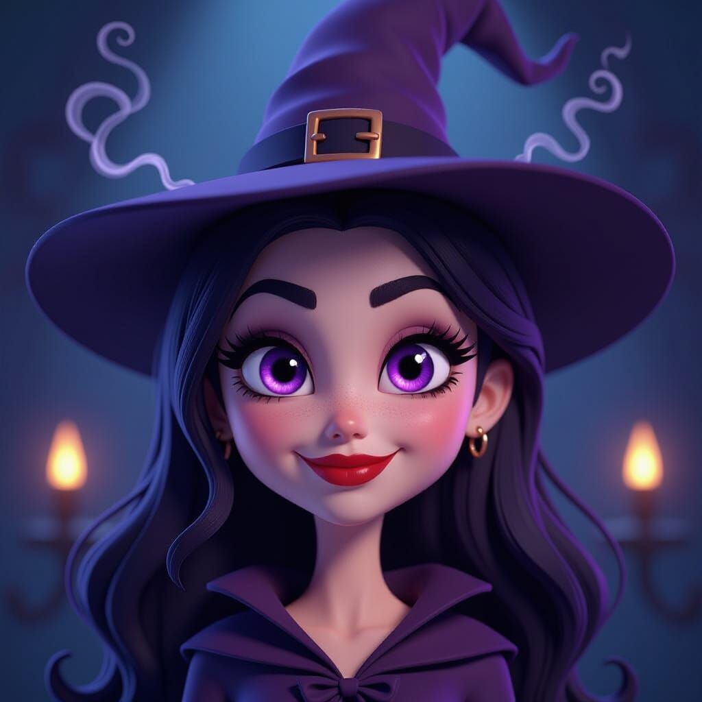 Mischievous Stick Figure Witch with Glowing Purple Eyes