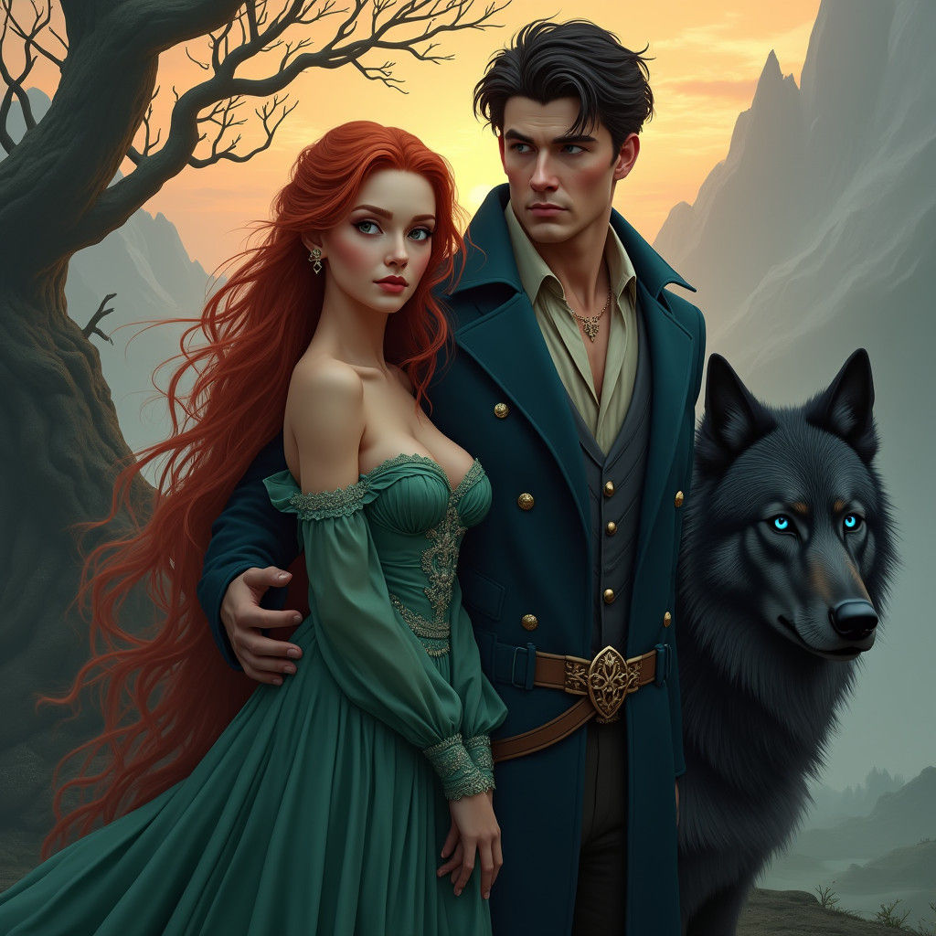 Red-Haired Maiden with Wolf, Matte Painting Style