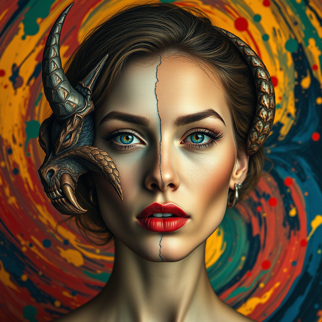 Serene Woman and Grotesque Monster Face in Abstract Expressi...