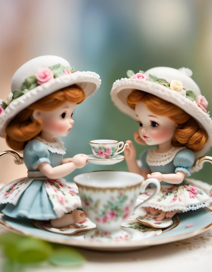the setting is placed inside a teacup 
Little girls playing tea party