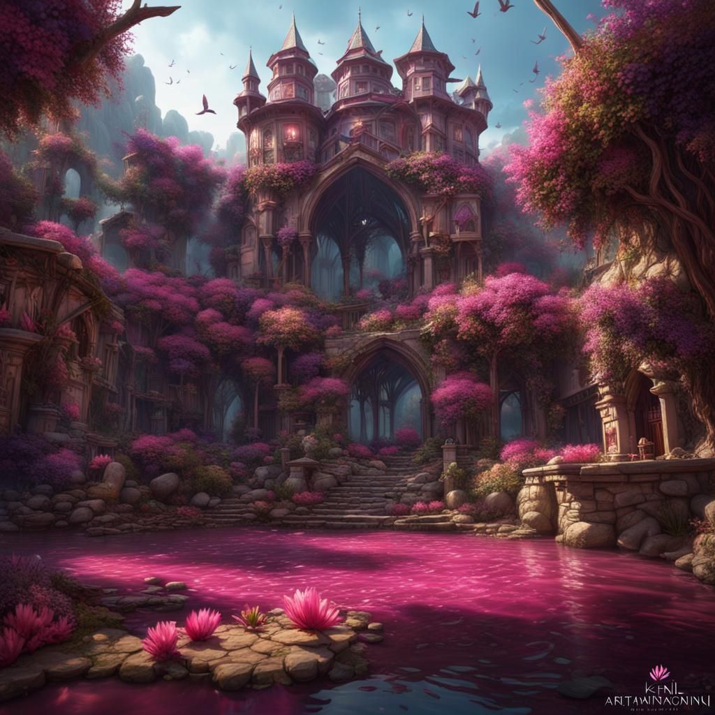 Woman with Jar Lid in Pink Tree Landscape