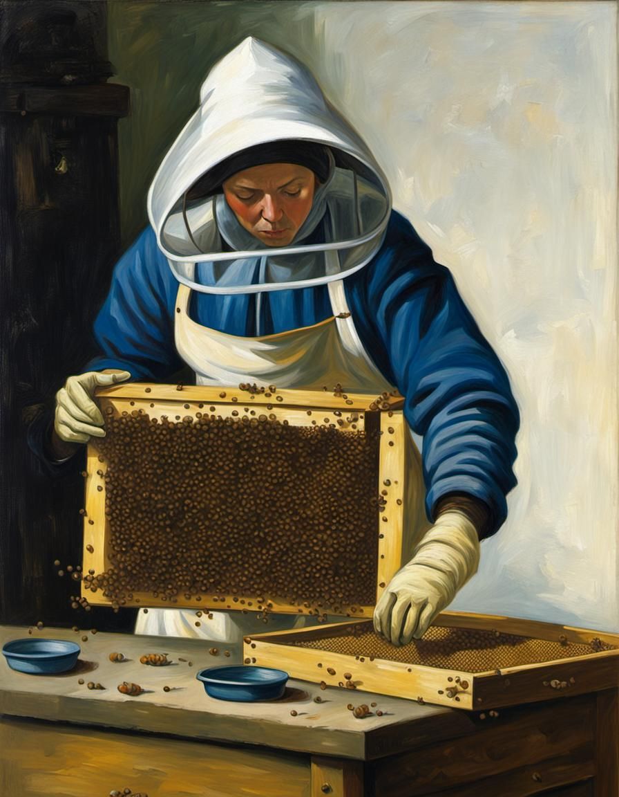 Beekeeper Inspecting Beehive in Oil Painting Style